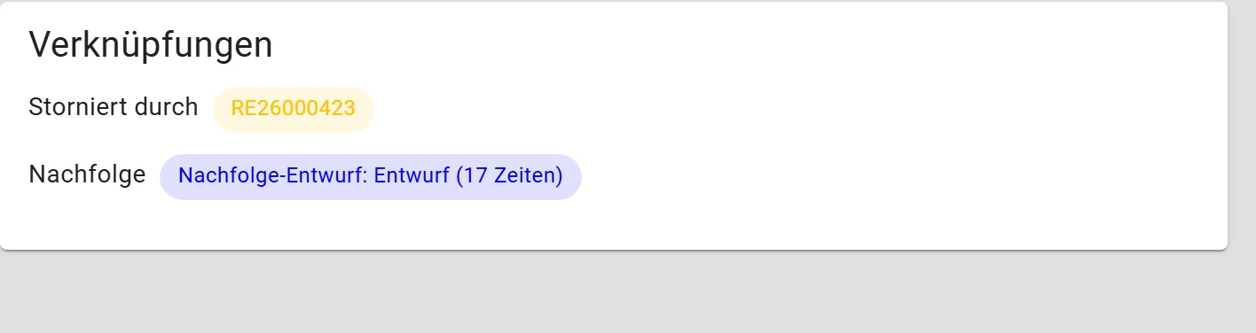 Karte Verknüpfungen einer stornierten Rechnung mit dem Eintrag Storniert durch samt Gutschriftnummer und dem Eintrag Nachfolge mit einem Nachfolge-Entwurf über 17 Zeiten.
