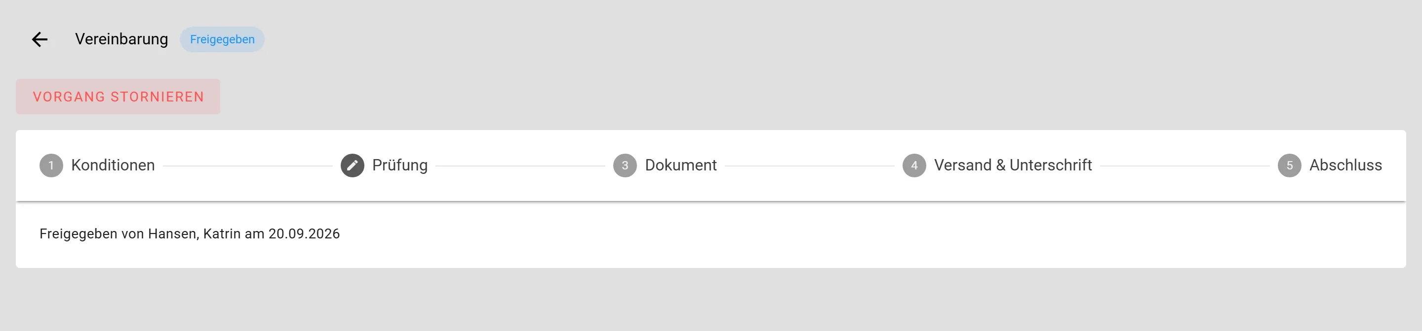Kopf der Vereinbarung mit dem Status Freigegeben, dem fünfschrittigen Ablauf von Konditionen bis Abschluss und der Zeile, wer die Vereinbarung wann freigegeben hat.