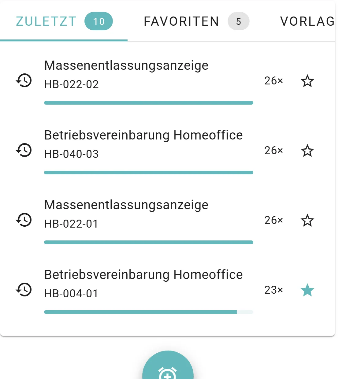 Timer-Schublade auf dem Telefon: aktiver Reiter Zuletzt mit dem Zähler 10, daneben Favoriten mit 5; sichtbar sind vier Akten, je Zeile mit Buchungshäufigkeit, Nutzungsbalken und einem Stern zum Anheften, beim letzten Eintrag gefüllt.