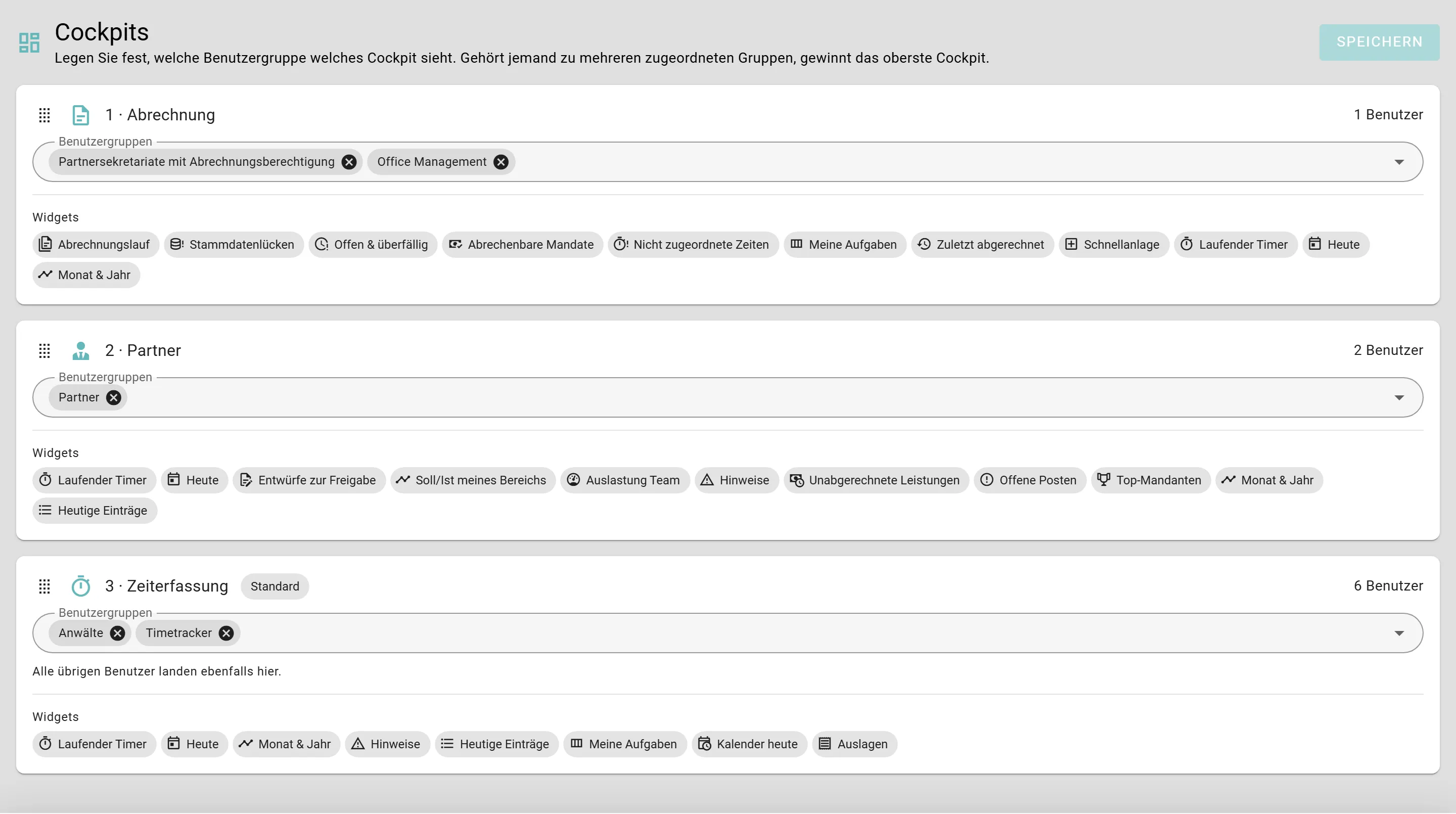 Verwaltungsseite Cockpits mit drei Einträgen — Abrechnung, Partner und Zeiterfassung — je mit zugeordneten Benutzergruppen und den enthaltenen Widgets als Etiketten.